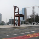 View of Broken Leg Chair in front of UN Complex in Geneva, Symbolizing those wounded by Land Mines.